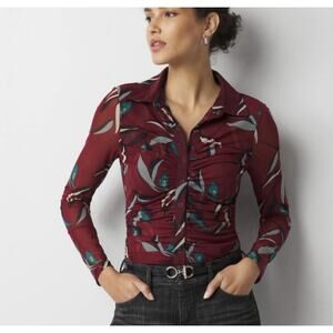 WHBM MESH RUCHED LONG SLEEVE SHIRT FEATHER WINDSOR WINE XS